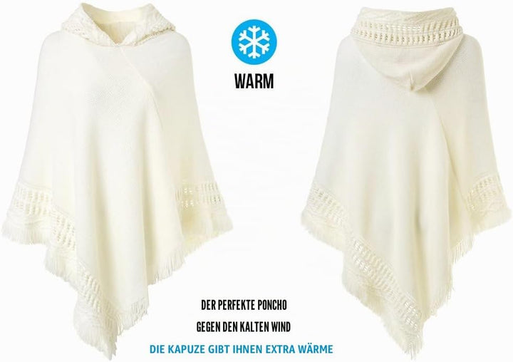Ferand Damen Poncho mit Kapuze und gehäkeltem Cape mit Fransensaum für Herbst Winter Einheitsgrösse