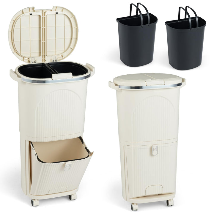 LIFEZEAL 38L / 42L Mülleimer auf Rädern, Abfalleimer mit 3 Fächern & Deckel, Tretmülleimer mit Griff