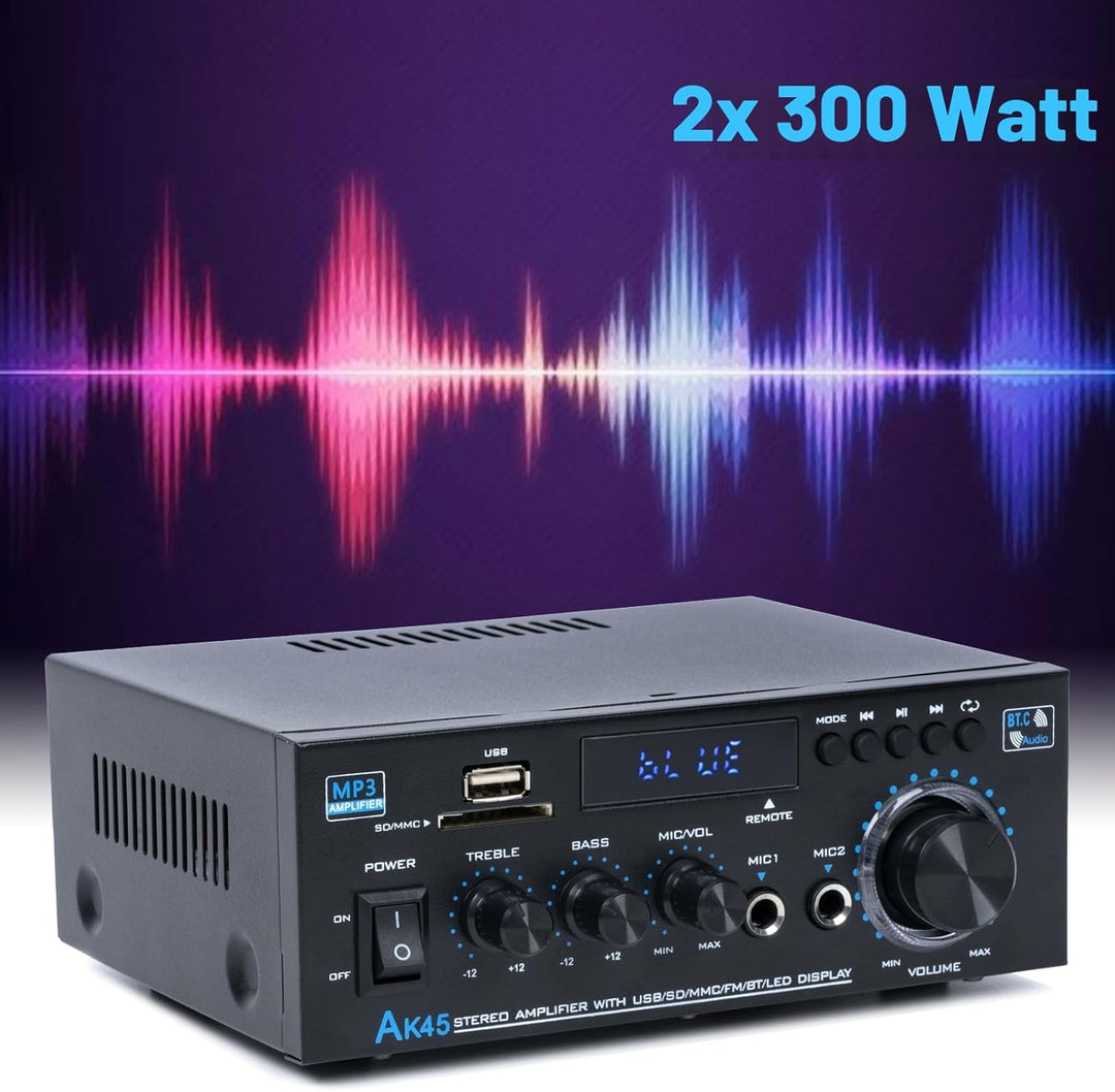 Bluetooth-Stereo-Receiver und Heim-Audioverstärker, 300 W x 2, 2-Kanal für Heimkino- und Regallautsp