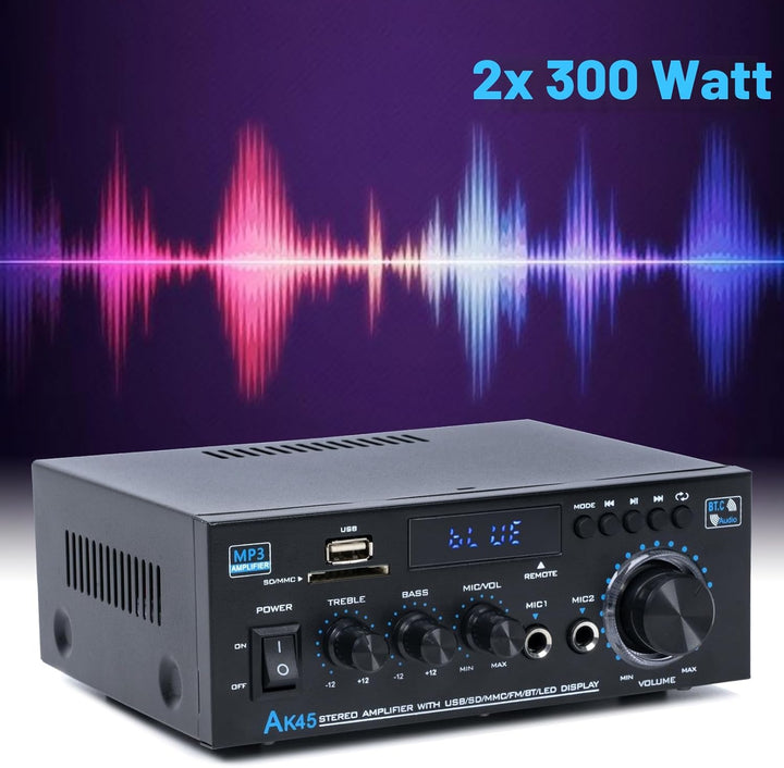 Bluetooth-Stereo-Receiver und Heim-Audioverstärker, 300 W x 2, 2-Kanal für Heimkino- und Regallautsp