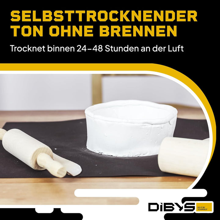 DIBYS Töpfer-Set für Kinder & Erwachsene | Mit Modellier-Werkzeug, Ton lufttrocknend & grau, Farbe &