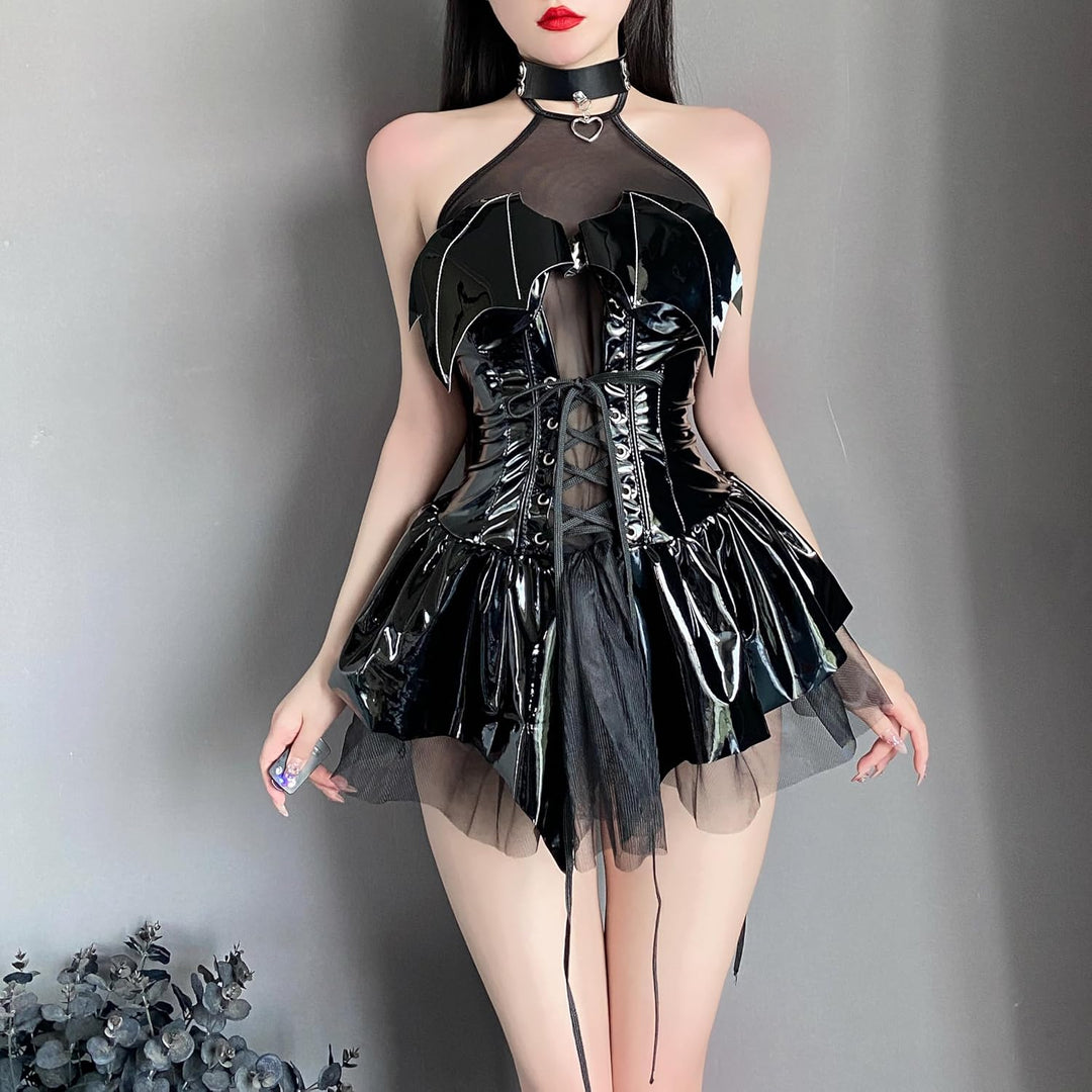 Zyimsva Damen Cosplay Halloween Kostüm Fledermaus Imp See-Through Skirt Set XXL Schwarz, XXL Schwarz