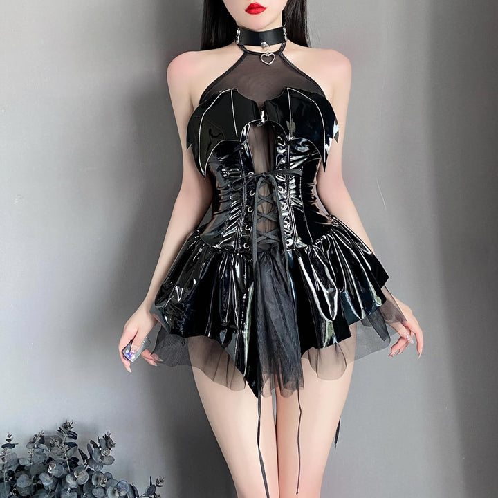 Zyimsva Damen Cosplay Halloween Kostüm Fledermaus Imp See-Through Skirt Set XXL Schwarz, XXL Schwarz