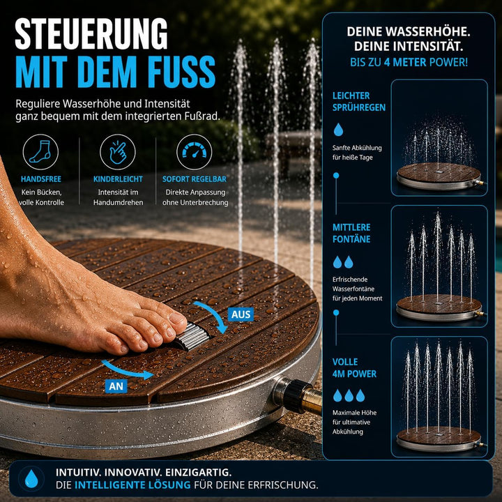 poolomio® Bodendusche Outdoor Ø 74 cm | Premium Gartendusche aus WPC mit 18 Wasserfontänen & bis 4 m