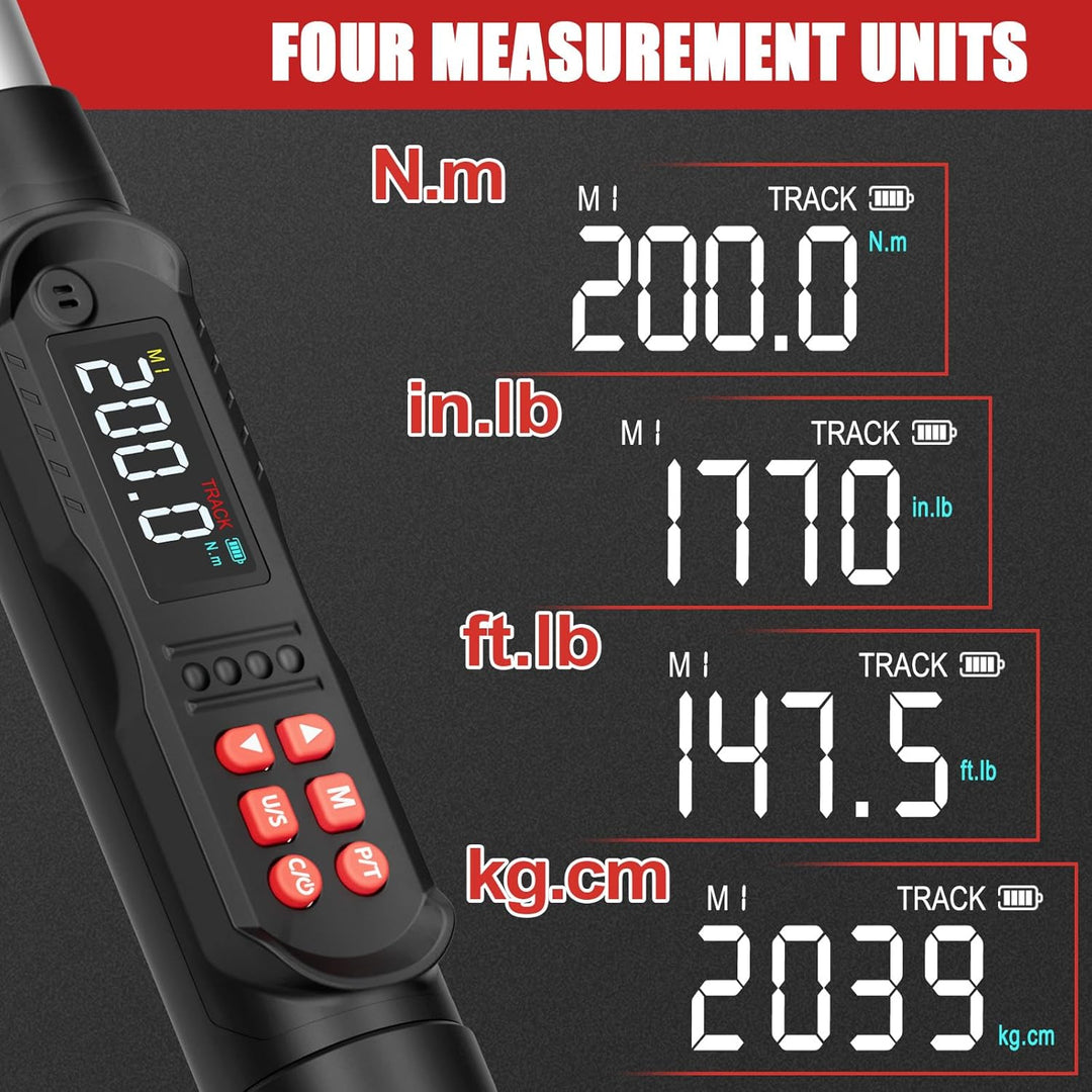 VANPO Digitaler Drehmomentschlüssel 1/2 Zoll Set, 10-200 Nm Drehmomentschlüssel Auto mit LCD-Display