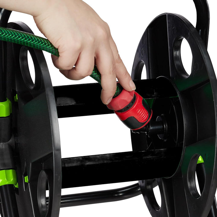 Relaxdays Schlauchtrommel, für 30 m 1/2" Schlauch, Stahl, Kunststoff, Schlauchhalter, HBT: 38 x 42 x