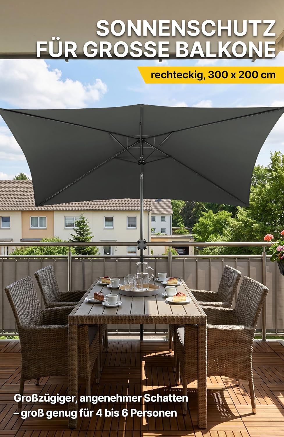 4smile Sonnenschirm Balkon mit Kurbel, Sonnenschirm rechteckig 300x200 cm | UV 50+ Sonnenschutz Balk