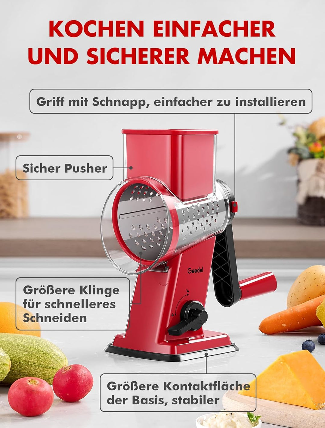 Geedel Käsereibe, Gemüseschneider mit 4 Austauschbare Klingen, Gemüsereibe mit Kurbel, Starkem Saugf