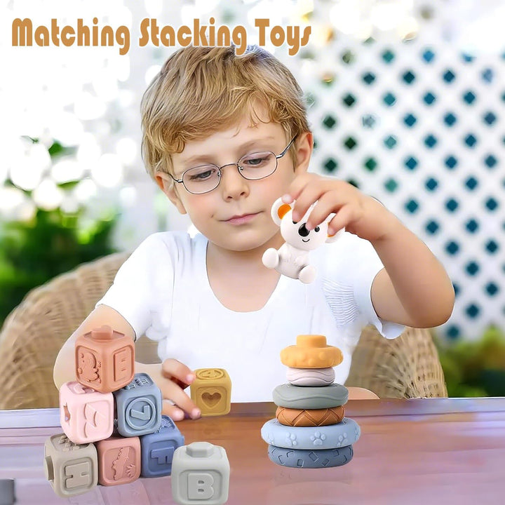 2-in-1 weiche Stapelblöcke und Ringe, Montessori-Sensorikspielzeug für Babys 6 12 18 Monate, Essenti