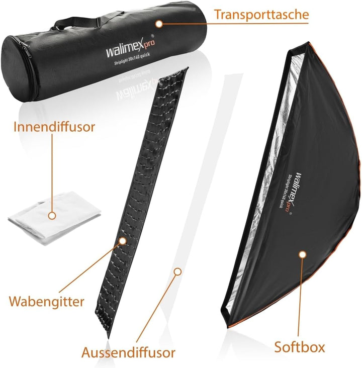 Walimex pro Studio Line Striplight SB QA für Aurora/Bowens/Walimex pro – Softbox, Fläche 30x140cm, 4