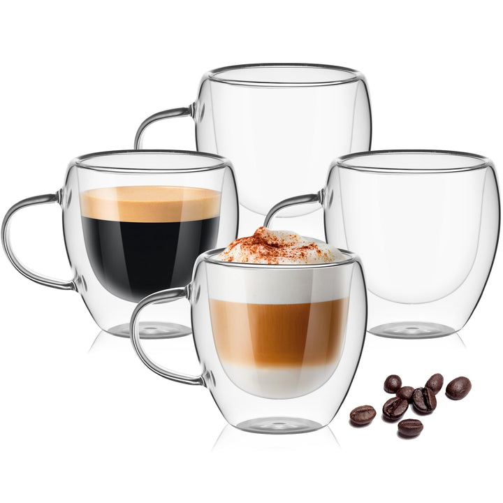 Espressotassen 80ml, 4er Set Espresso Gläser, doppelwandige Espressotassen Glas mit Henkel Kaffeetas