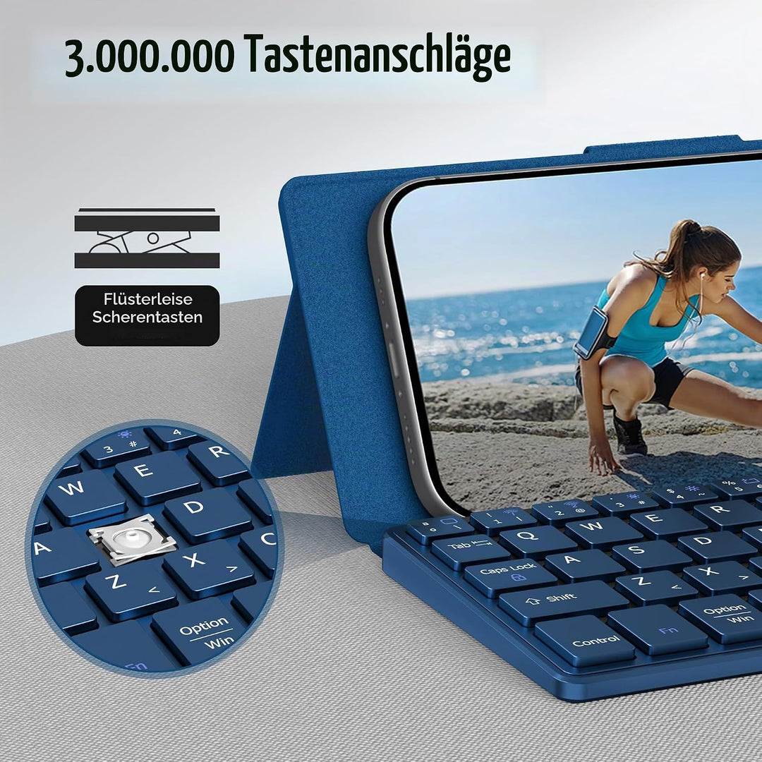 CACOE Bluetooth Tastatur mit Ständer, Mini Tastatur für Handy, Ultraflache Tragbare, Faltbare, Dual-