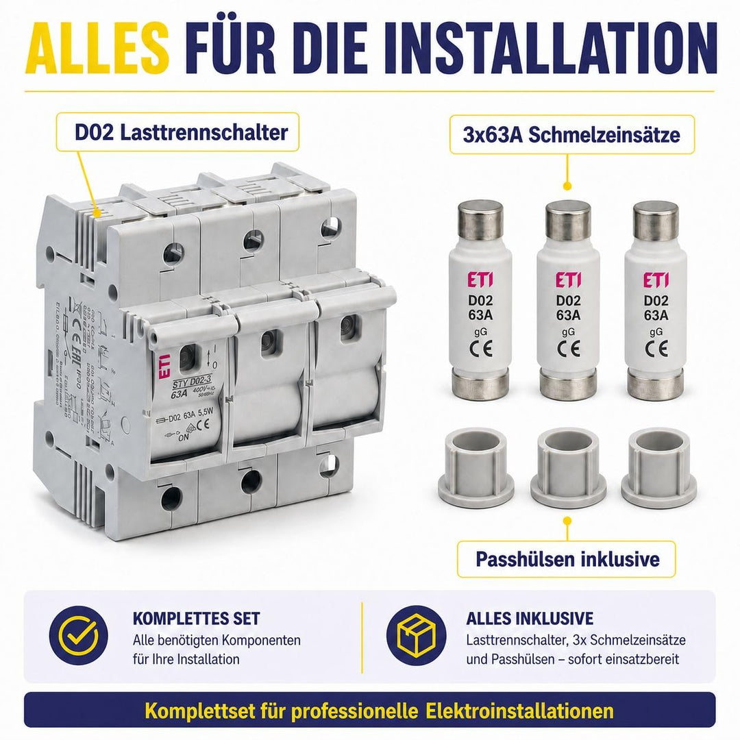 grenda-hammer® | Neozed Lasttrennschalter Set D02-3-polig Set mit Sicherungen und Passhülsen (Lasttr