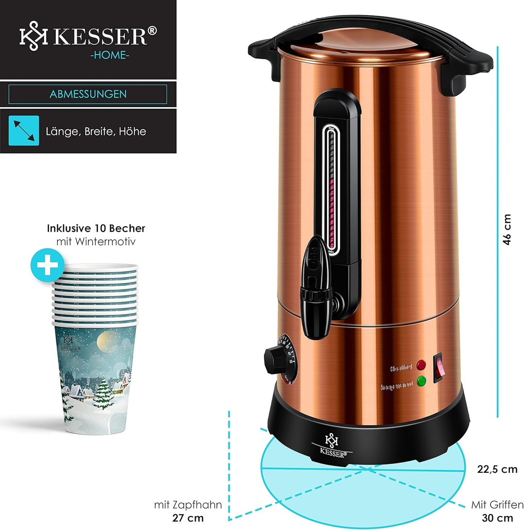 KESSER® Glühweinkessel 10L Edelstahl Inkl. 10x Becher Glühweinkocher mit Thermostat Glühweinautomat