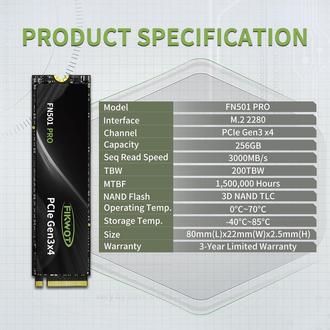 Fikwot FN501 Pro 256GB NVMe SSD - M.2 2280 PCIe Gen3 x4 Internes Solid State Drive mit Graphene Kühl