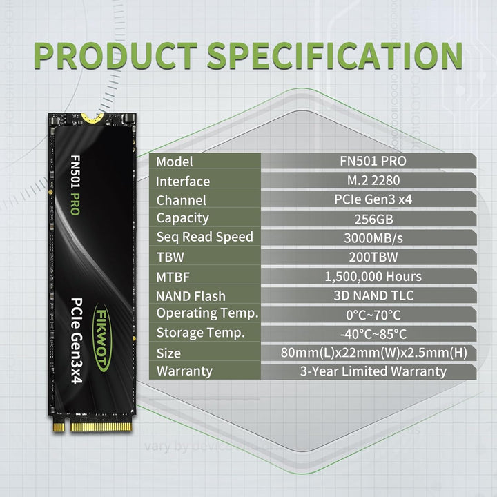 Fikwot FN501 Pro 256GB NVMe SSD - M.2 2280 PCIe Gen3 x4 Internes Solid State Drive mit Graphene Kühl