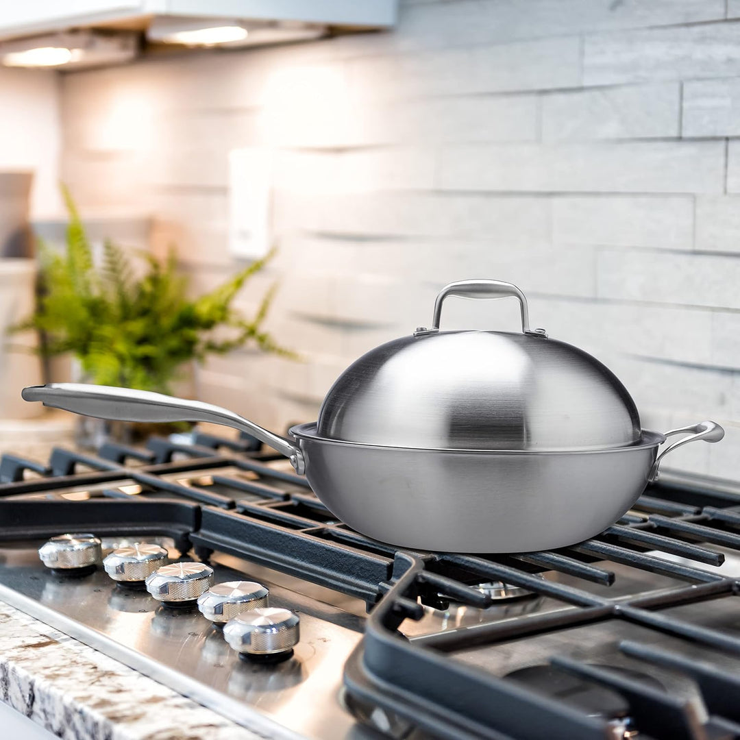 Relaxdays Wok, 32 cm, Edelstahl unbeschichtet, Gas-, Elektro-, Induktionsherd, Wokpfanne mit Deckel