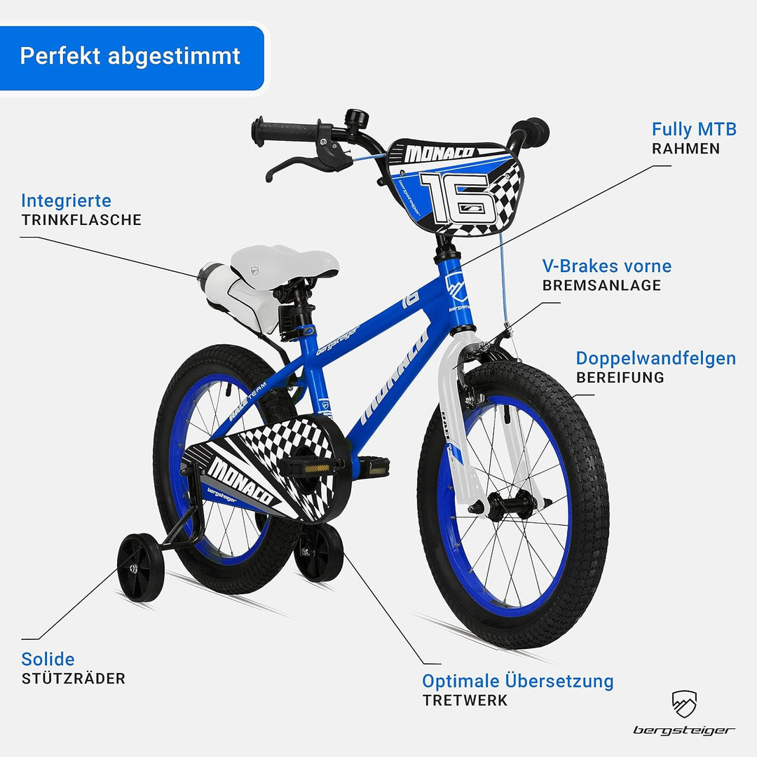 Bergsteiger Monaco 16 Zoll Kinderfahrrad, geeignet für 4, 5, 6 Jahre, BMX, Stützräder, Rücktrittbrem
