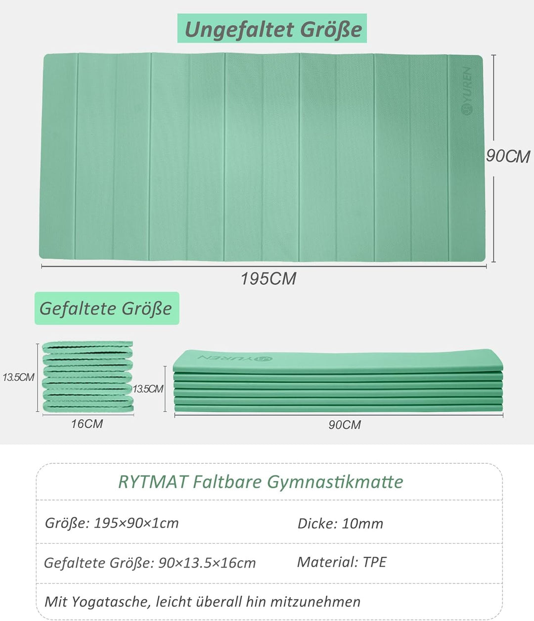 Faltbar Yogamatte 195×90cm TPE Fitnessmatte Rutschfest Tragbar Gymnastikmatte 10mm Dicke Trainingsma