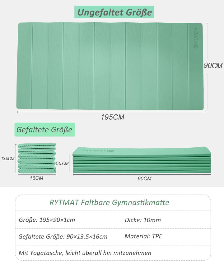 Faltbar Yogamatte 195×90cm TPE Fitnessmatte Rutschfest Tragbar Gymnastikmatte 10mm Dicke Trainingsma