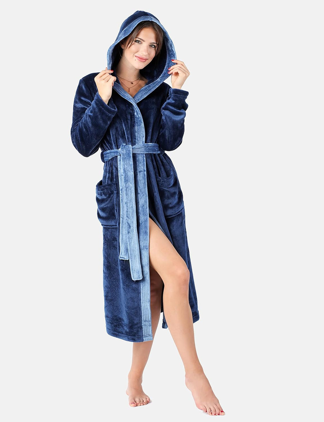 Damen Bademantel lang mit Kapuze und Gürtel BLV50-168, Dunkelblau / Blau