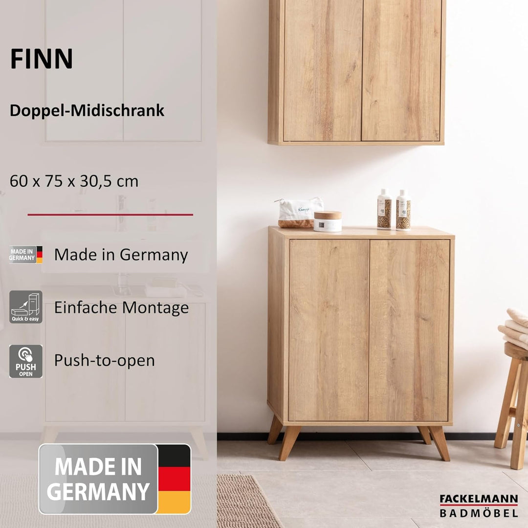 FACKELMANN Finn Midischrank (60 x 75 x 30,5 cm) – Badezimmerkommode mit 2 Einlegeböden aus Glas – Ba
