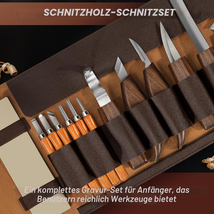 7CDXD Schnitzwerkzeug Set, 17 PCS Holzschnitzwerkzeuge mit Handschuhe, Aufbewahrungstasche und Anspi