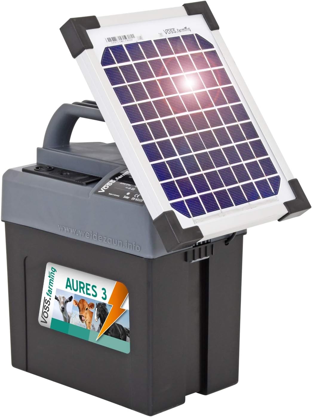 Voss.Farming Aures 3 Solarset Komplettset Weidezaungerät inkl. Solar, 9V 12V Anschluss sowie Batteri