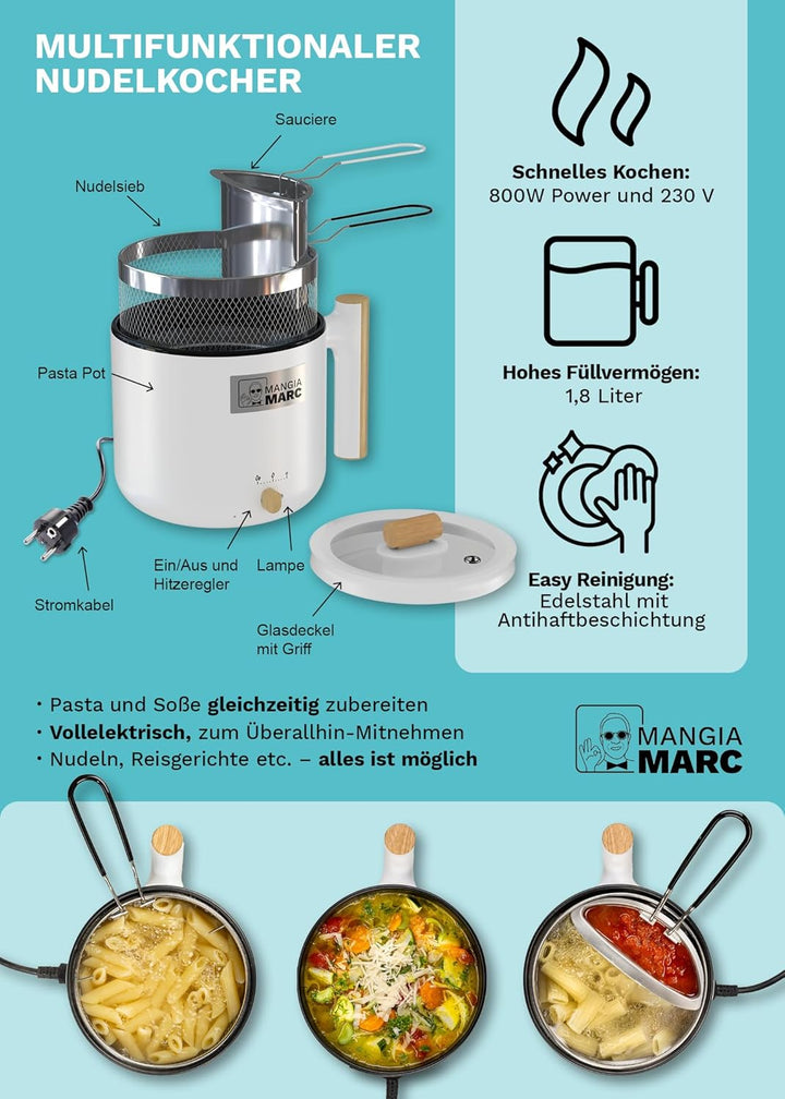 All-In-One Pastapot I Nudelkocher mit Sieb & Sauciere | Pasta & Sosse in nur 5 Minuten I Vollelektri