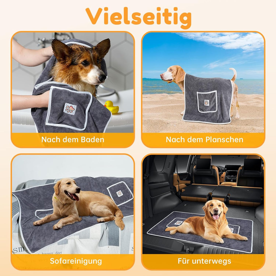 100x50cm Hundehandtuch, 2 Stück Hundehandtuch Extra Saugfähig mit Griffaschen, Mikrofaser-Handtücher