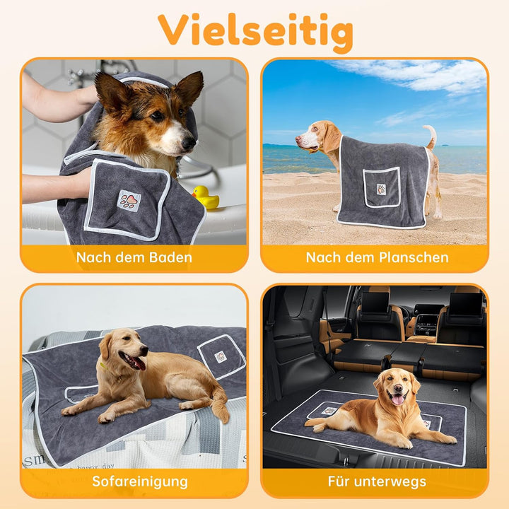 100x50cm Hundehandtuch, 2 Stück Hundehandtuch Extra Saugfähig mit Griffaschen, Mikrofaser-Handtücher