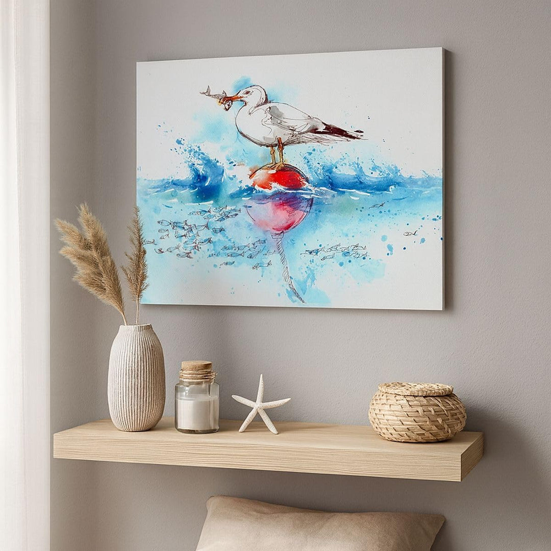 Bilder auf Leinwand Wasser Fische Möwe hungrig Leinwandbild 70x50cm Wandbilder Dekoration Wohnzimmer