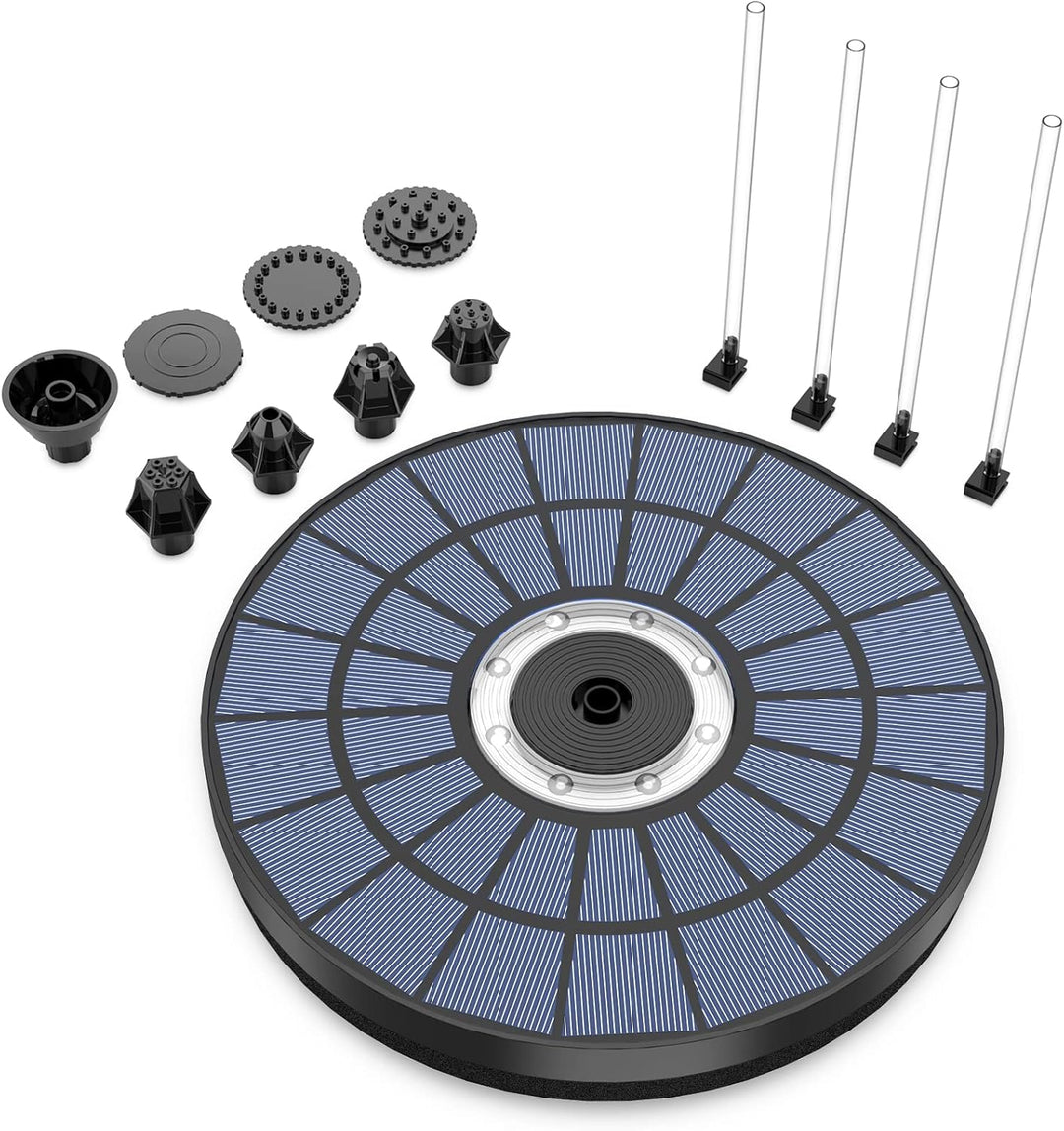 AMZtime Buntes LED Solar Springbrunnen 5.5W Solar Panel Durchmesser 21cm Solarbrunnen mit 7 Effekte