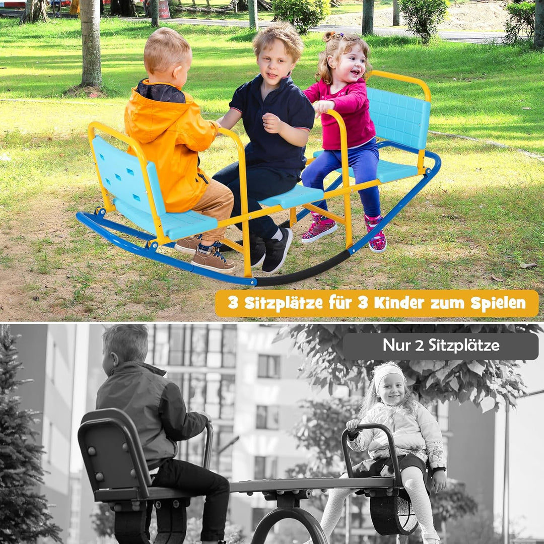 DREAMADE 3 Sitzer Kinder Wippe mit Rückenlehnen und Griffe, Schaukelwippe Metall 136x60x39cm, Karuss