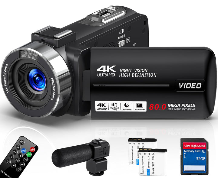 Videokamera 4K 30FPS Camcorder 80MP 18X Digitalzoom IR Nachtsicht Kamera | 3,0 Zoll IPS-Bildschirm V