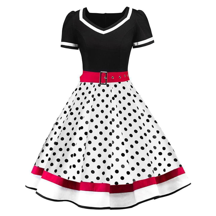 Odizli Rockabilly Kleider Damen 50er Jahre Vintage Kurzarm V-Ausschnitt Polka Dot Swing Coctailkleid