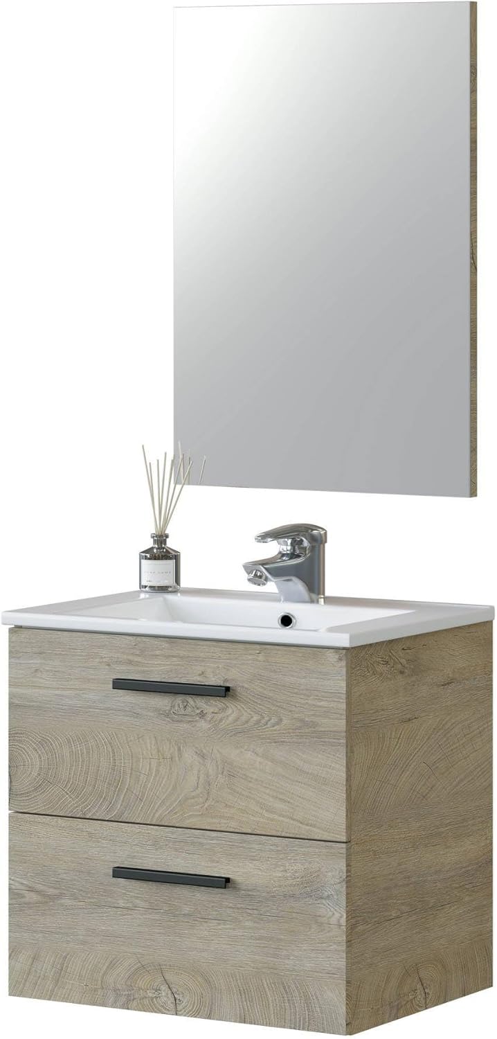 Dmora - Unter dem Waschtisch Fontana, Badezimmerschrank mit 2 Schubladen, Hängeschrank mit Spiegel,