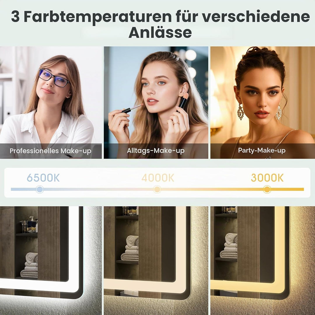 S'bagno Bluetooth-Badspiegel-mit-Beleuchtung-100x70cm, LED-Badezimmerspiegel mit Entfoggen, 3000K-65