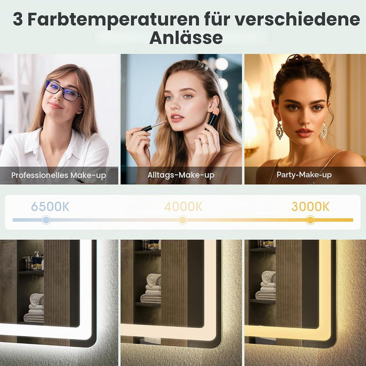 S'bagno Bluetooth-Badspiegel-mit-Beleuchtung-100x70cm, LED-Badezimmerspiegel mit Entfoggen, 3000K-65