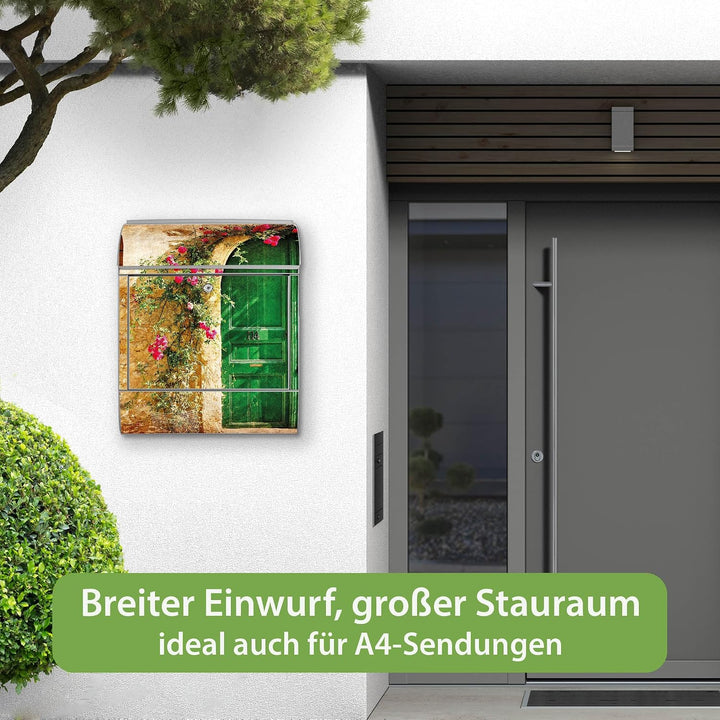 banjado® Design Briefkasten mit Motiv Ferienhaus 39x47x14cm &amp; 2 Schlüssel - Briefkasten Stahl Silber