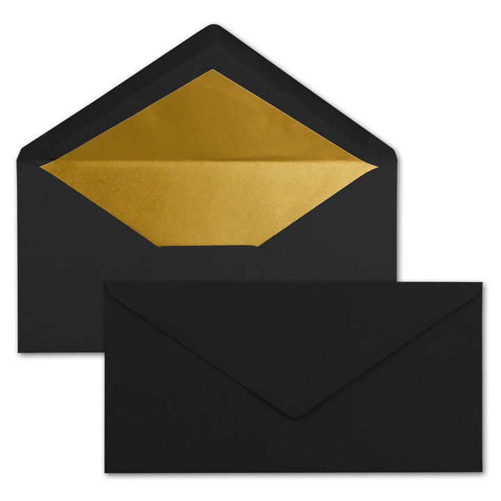 100 Brief-Umschläge DIN Lang - Schwarz mit Gold-Metallic Innen-Futter - 110 x 220 mm - Nassklebung -