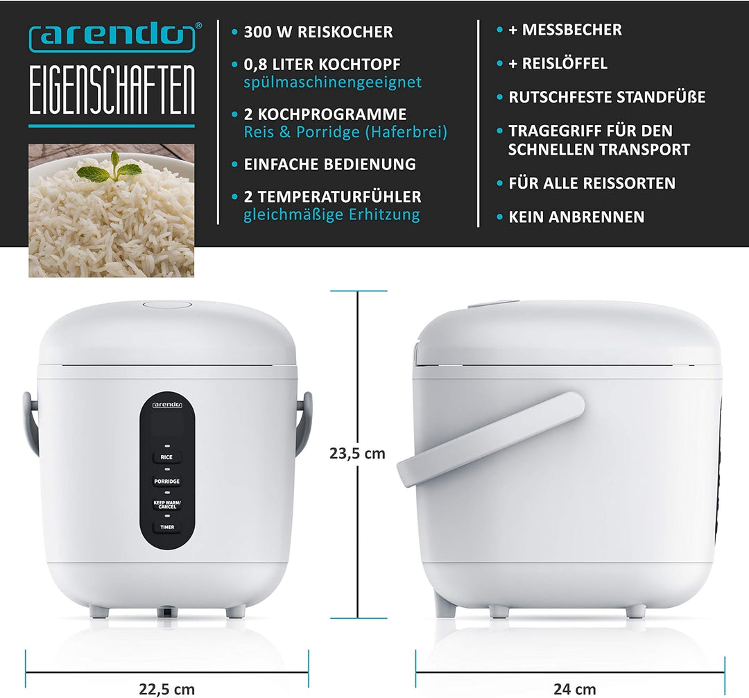 Arendo - Reiskocher - 300 Watt - mit Messbecher und Reislöffel – 2 Kochprogramme – Timer – Warmhalte