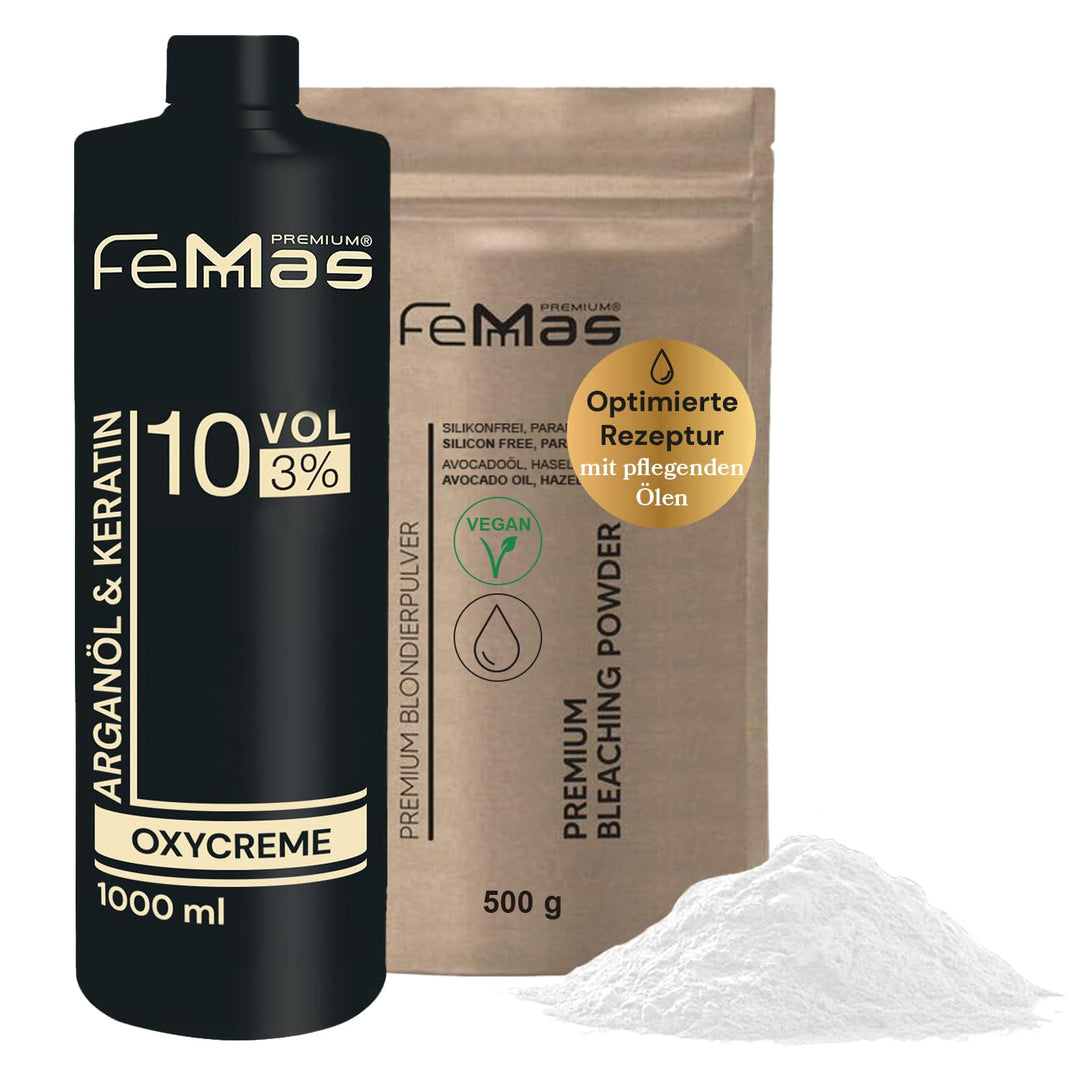 FemMas Blondierungspulver Set 500g vegan & Entwickler 3 Prozent 1L I ultra stark & staubfrei I mit n