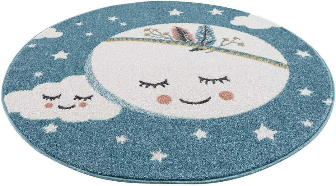 carpet city Kinderteppich Kinderzimmer Blau - 120 cm Rund - Mond Sterne - Kinderzimmerteppiche Mädch