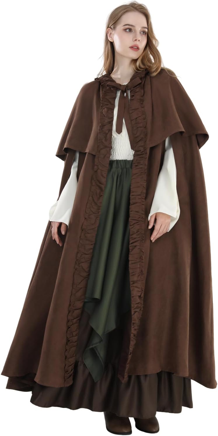 Fiamll Mittelalter Umhang Damen Kapuze Mantel mit Manschette Einfarbige Trenchcoat Renaissance Vampi
