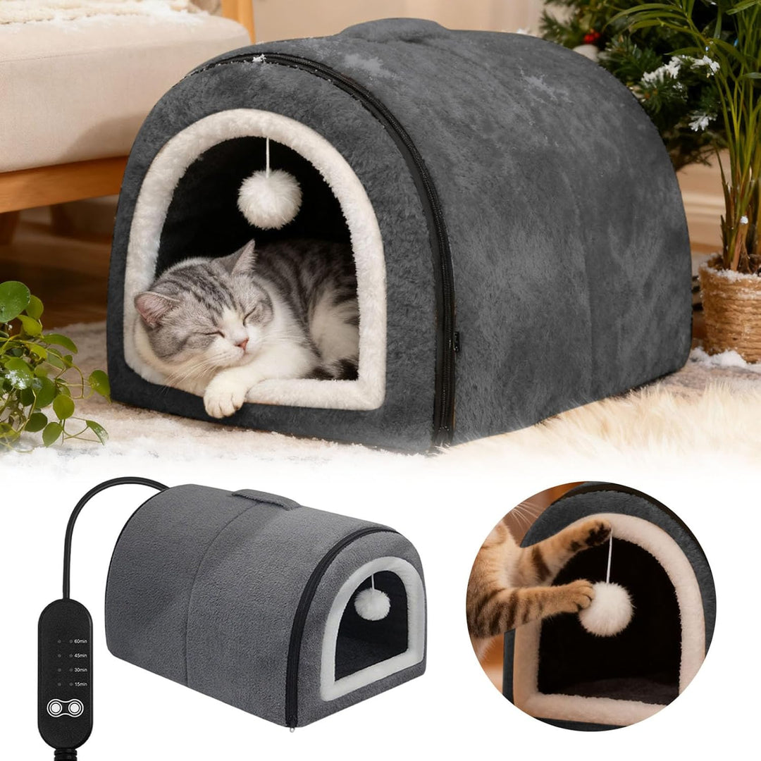 Beheiztes Katzenbett Katzenhöhle, Abnehmbare Halb-Umschliessende Nestform mit Gewölbtem Dach & Tempe