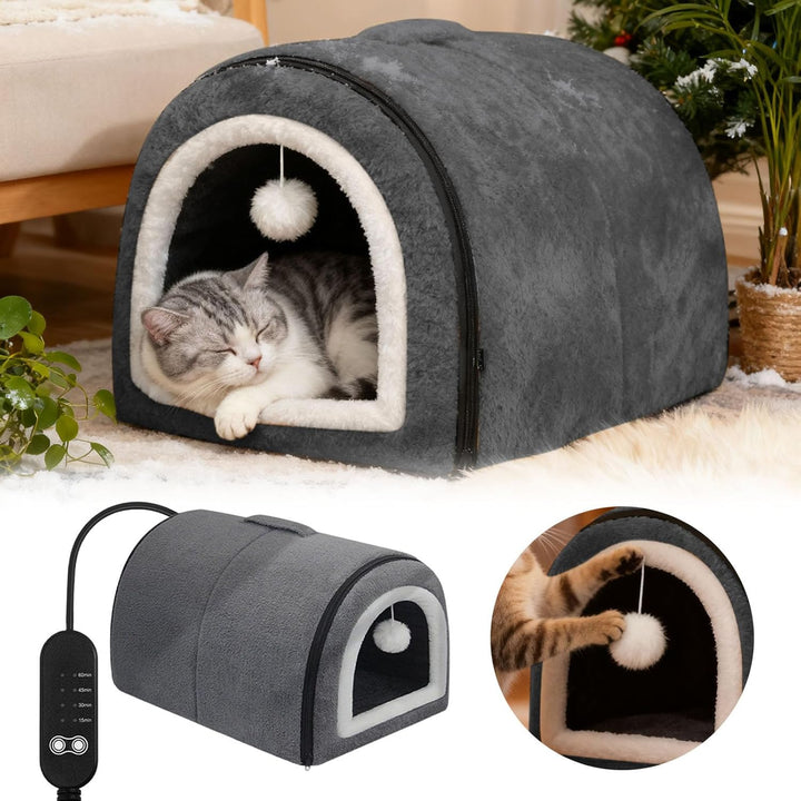 Beheiztes Katzenbett Katzenhöhle, Abnehmbare Halb-Umschliessende Nestform mit Gewölbtem Dach & Tempe
