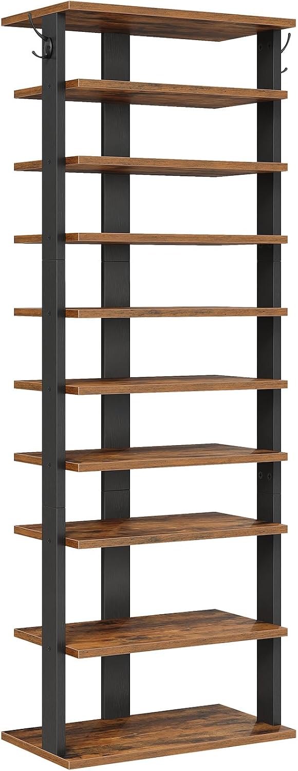 HOOBRO 10-lagiges Schuhregal, schmales Schuhablage, 50 cm Schuhschrank mit 2 Haken, Ablagegestelle,