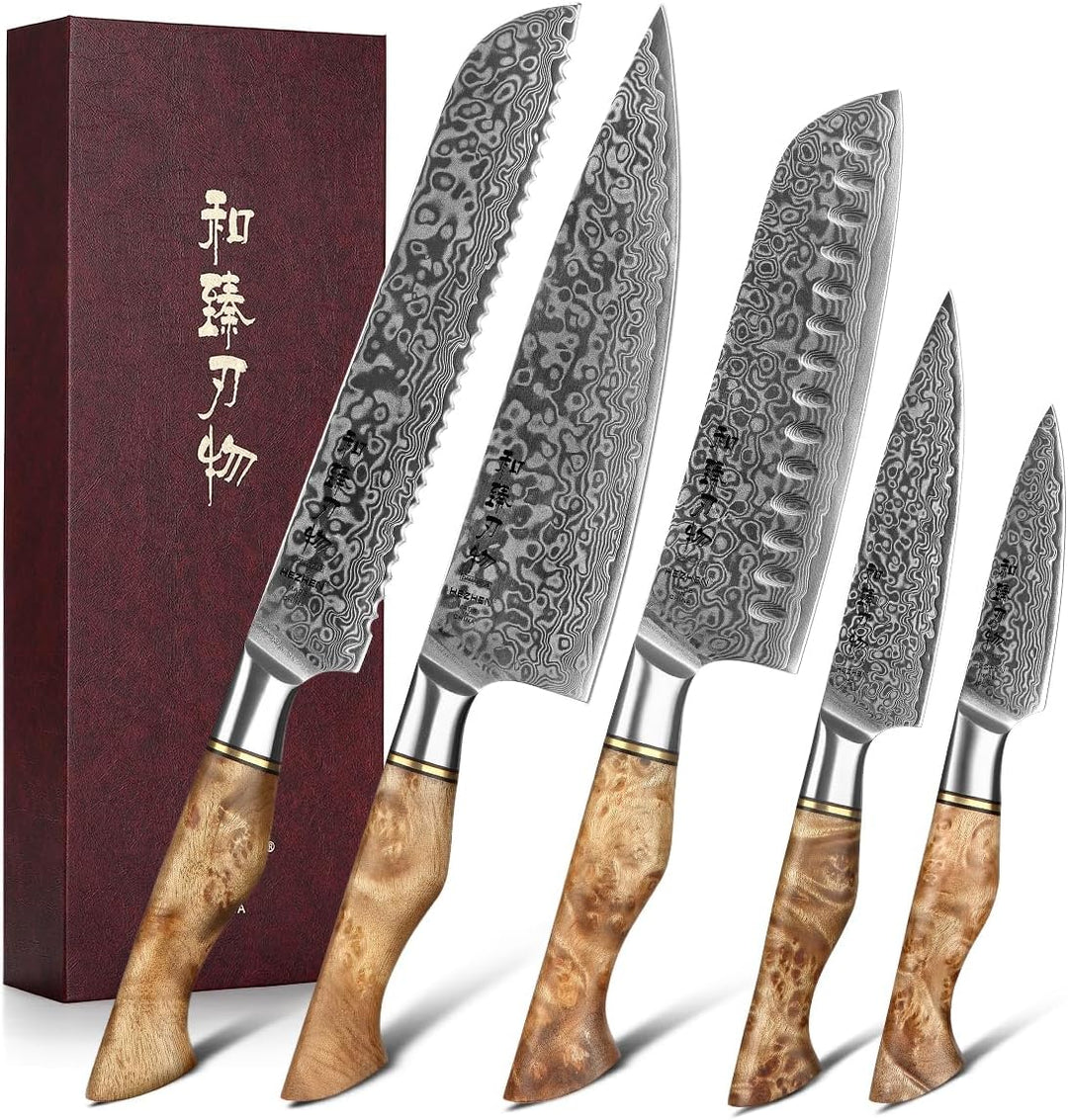 HEZHEN Damast Messer Set 5PCS, Japanischen Stil Damaskus Stahl Küchenmesser Santoku, Brot Universalm