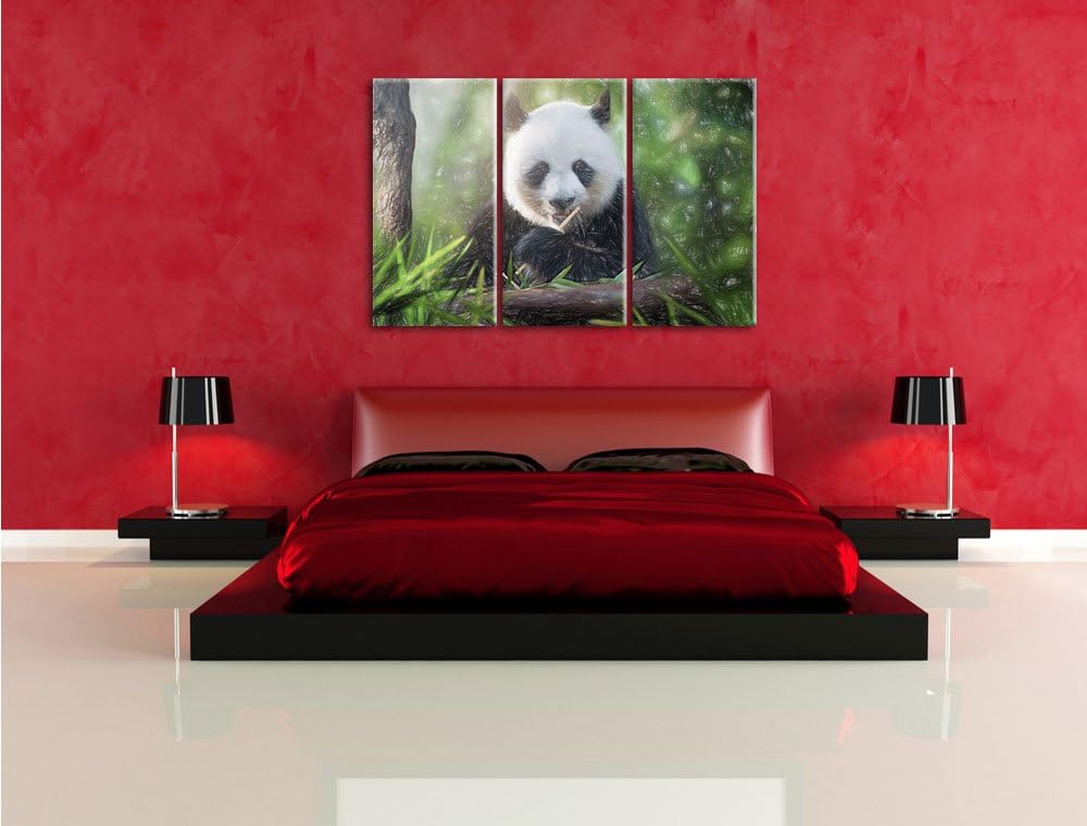 Pixxprint Niedlicher Panda isst Bambus als Leinwandbild/Grösse: 3 Teilig (120x80) / Wandbild/Kunstdr